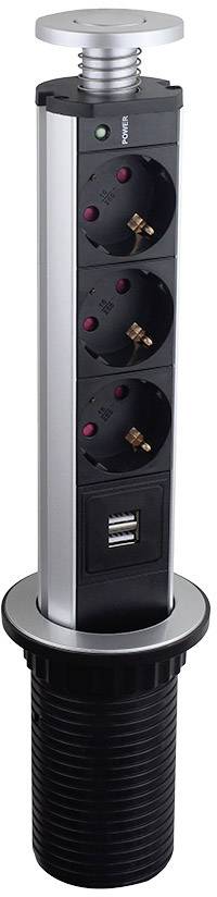 Uvlačiva razvodna letva sa tri Schuko utičnice i dva USB priključka, u izvučenom položaju, idealna za radne stolove.