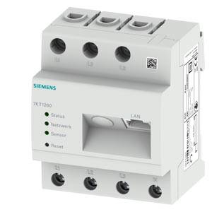 Sivo-bijeli Siemens brojač električne energije sa zelenim LED indikatorima i LAN priključkom. Gore tri priključka, sa strane tehnički detalji.