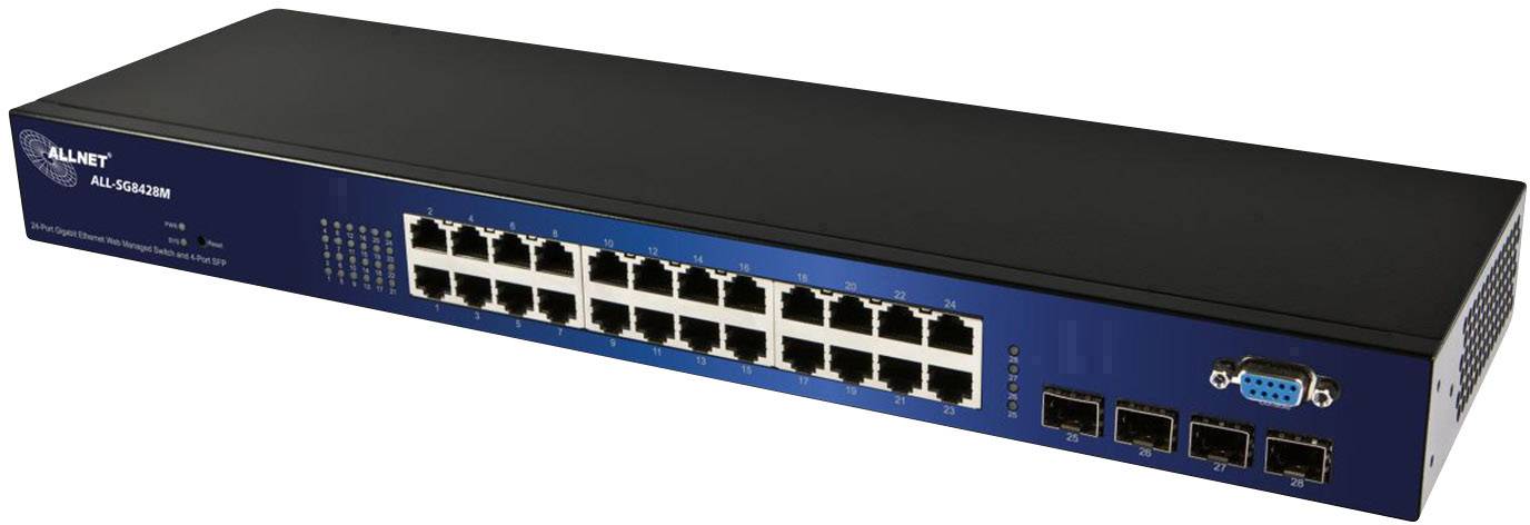 Mrežni switch s 24 Ethernet porta i 4 dodatna sučelja. Kućište u plavoj i crnoj boji.