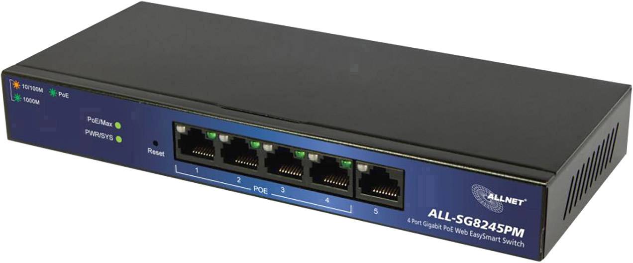 'ALL-SGB245PM' mrežni preklopnik s pet Ethernet porta. LED indikatori na prednjoj strani prikazuju status napajanja i mrežne aktivnosti.