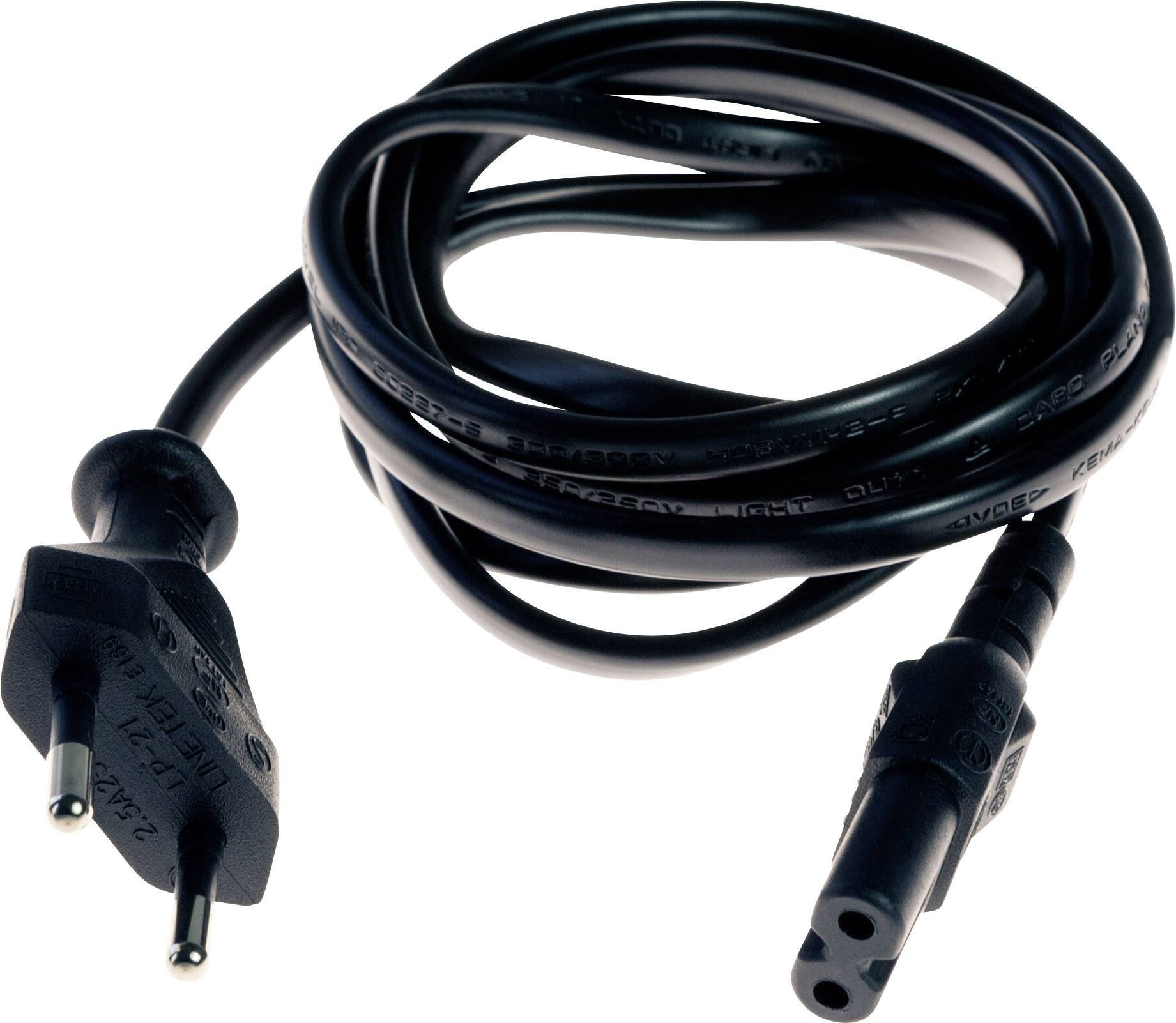 Crni mrežni kabel s dvopolnim Euro utikačem i tročlanim utikačem za uređaje, somotan na jednoj površini.