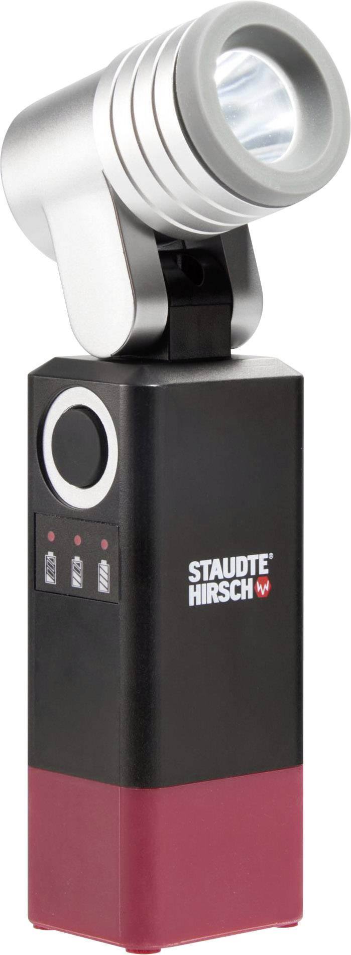Prijenosna baterijska lampa s pravokutnom ručkom i srebrnim glavom lampe. Naziv marke 'Staudte Hirsch' na prednjoj strani.