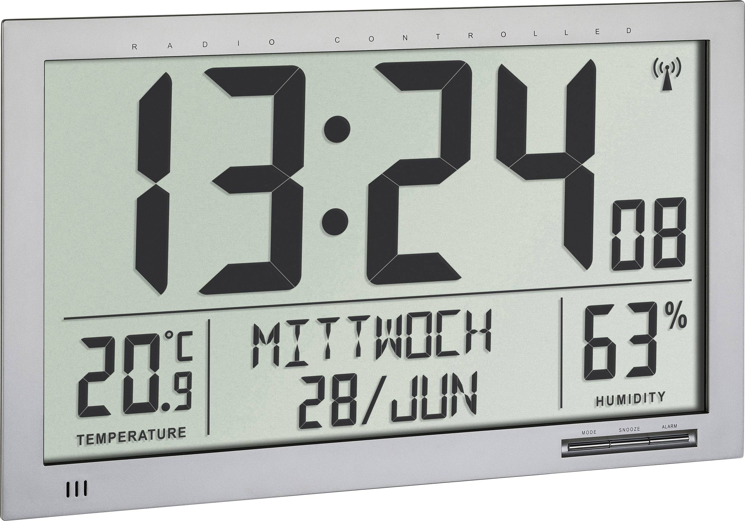 Digitalni zidni sat prikazuje vrijeme '13:24', datum 'srijeda 28. lipnja', temperaturu '20,9°C' i vlažnost zraka '63%'.