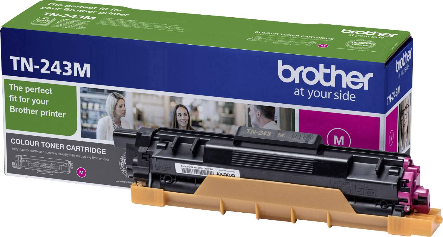 Kutija tonera prikazuje magentacrveenu toner-patronu "Brother TN-243M". Na ambalaži piše "Savršeno rješenje za vaš Brother printer".