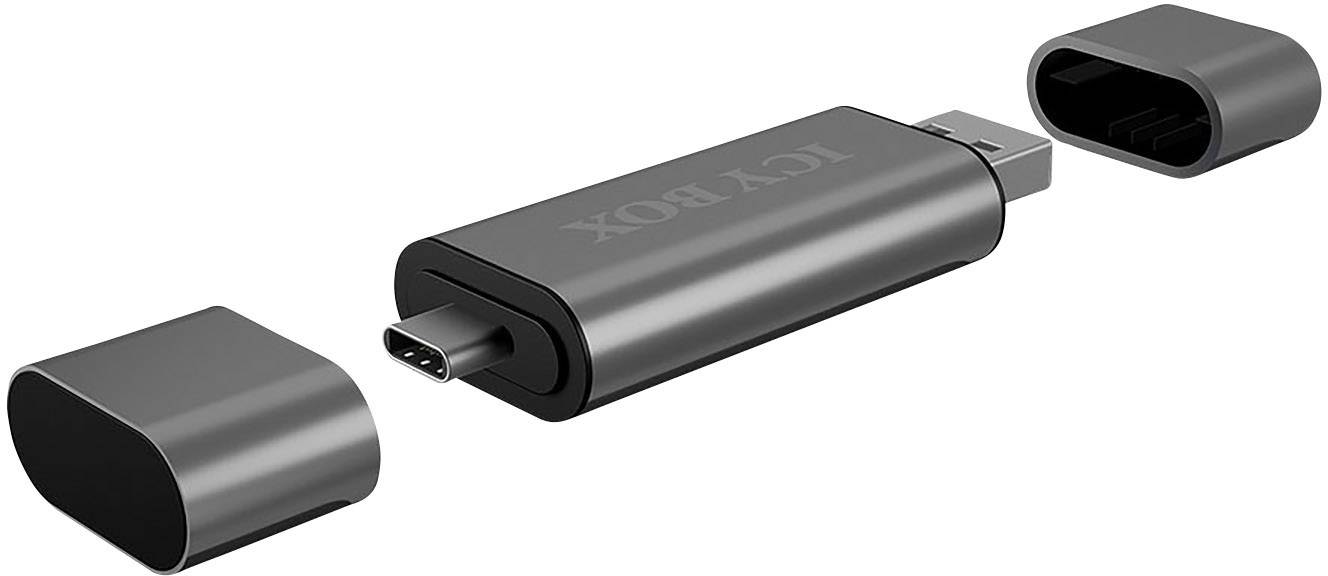 'ICY BOX' USB-C adapter s uklonjivim čepovima, crne boje, kompaktan i prenosiv. Idealan za povezivanje uređaja s USB-C priključcima.