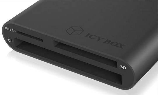 Vanjski čitač memorijskih kartica u crnoj boji s utorima za Micro SD, SD i CF kartice. Naziv marke 'ICY BOX' na gornjem dijelu uređaja.