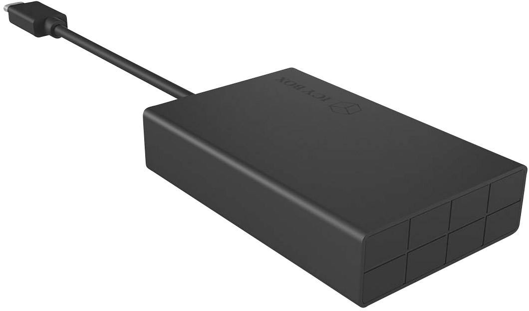 Vanjski, crni vanjski disk s USB-C kabelom, minimalistički dizajn, pogodan za pohranu i prijenos podataka.