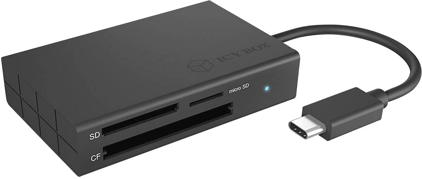 Crni čitač kartica s USB-C priključkom prikazuje utore za SD, microSD i CF kartice. Mala plava kontrolna lampica svijetli.