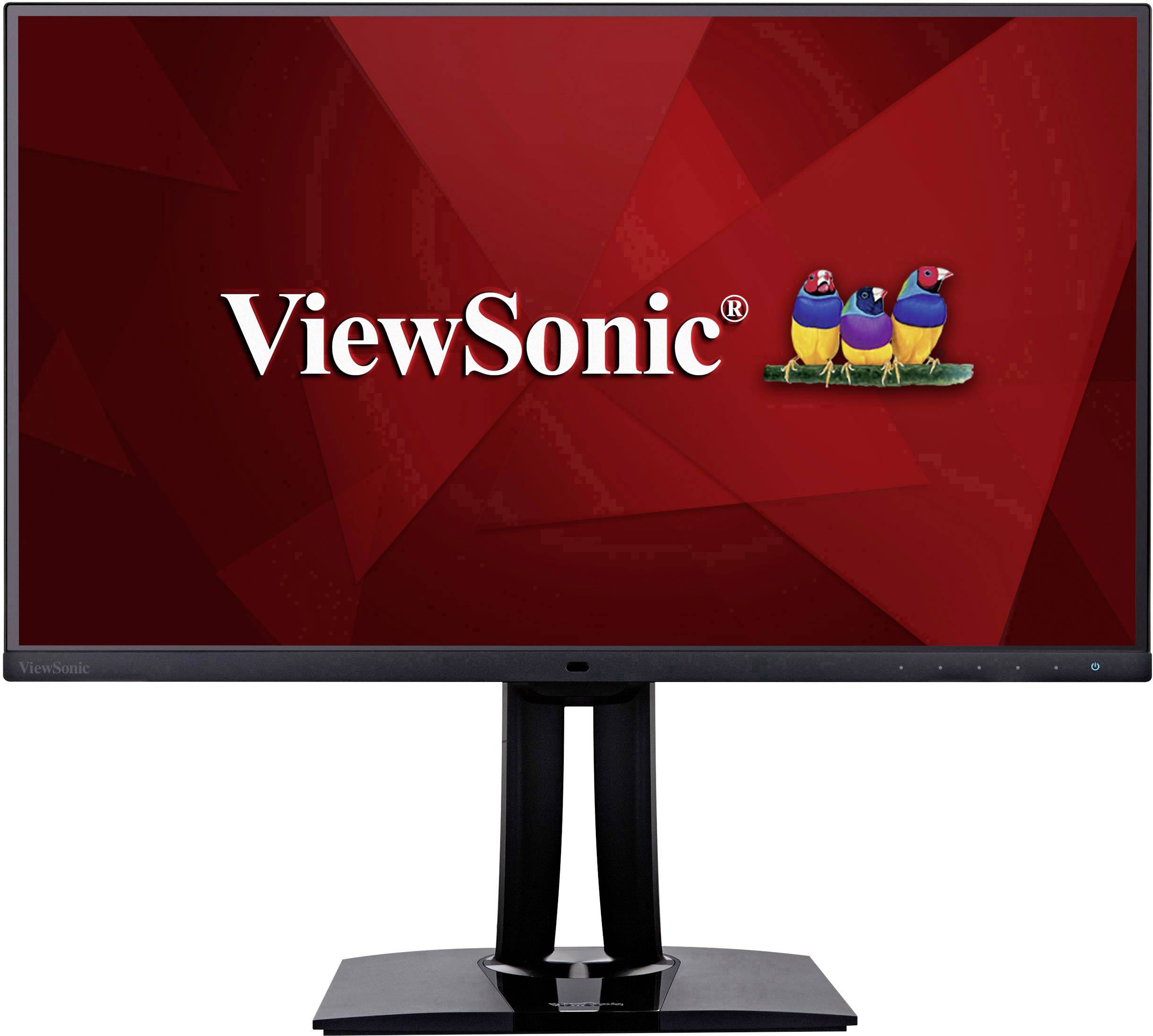 Crni monitor marke 'ViewSonic' s crvenom pozadinom ekrana i logotipom 'ViewSonic'-a.