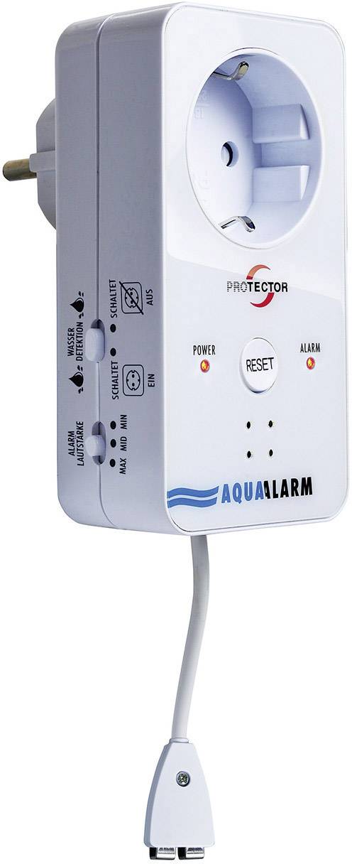 Adapter utičnice s zaštitom od prenapona, LED indikatori za napajanje, resetiranje i alarm, marka 'Aqua Alarm', njemački utikač.