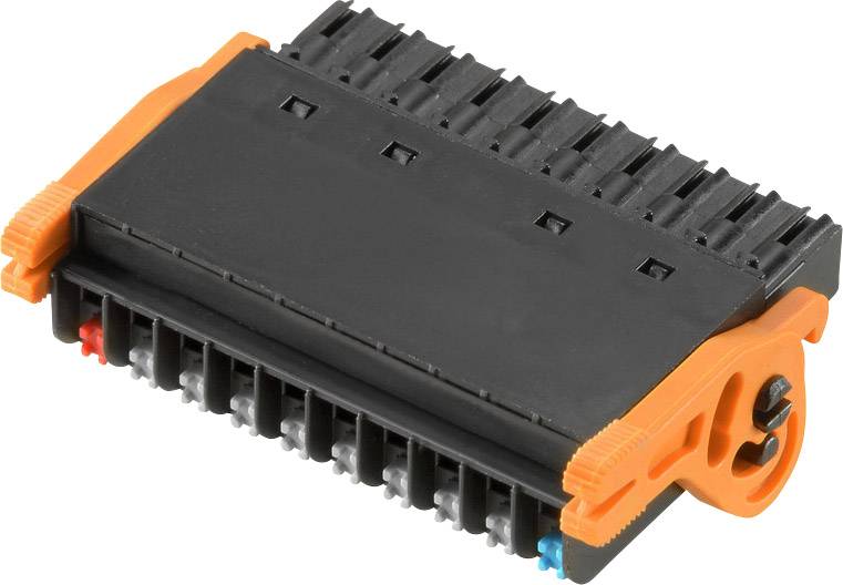 Crni električni priključak s narančastim elementima, korišten za spajanje kabela u električnim ili elektroničkim primjenama.
