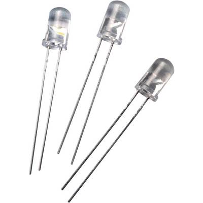 Tri prozirne LED diode (Light Emitting Diode) s dugačkim metalnim nogama, prikazane uspravno i jedna do druge na bijeloj pozadini.