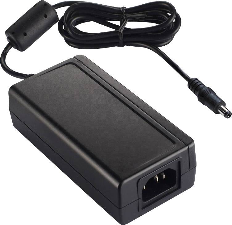 Crni sjajni napajač s kabelom i utikačem, pogodan za elektroničke uređaje.
