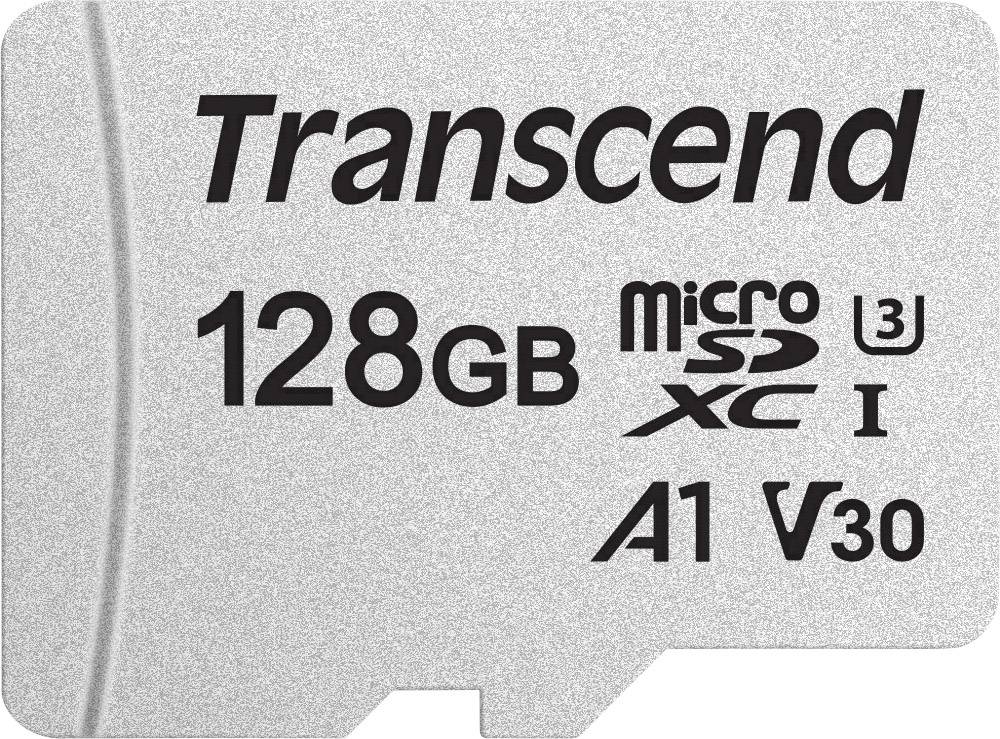 Siva microSD-kartica od Transcenda kapaciteta 128 GB. Označena natpisom 'microSD XC I' i simbolima za brzinu i klasu: U3, A1, V30.