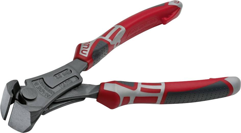 Crvene kliješta sa savijenom glavom na bijeloj pozadini. Ergonomski rukohvati za bolji pritisak. Alat za rezanje žice.