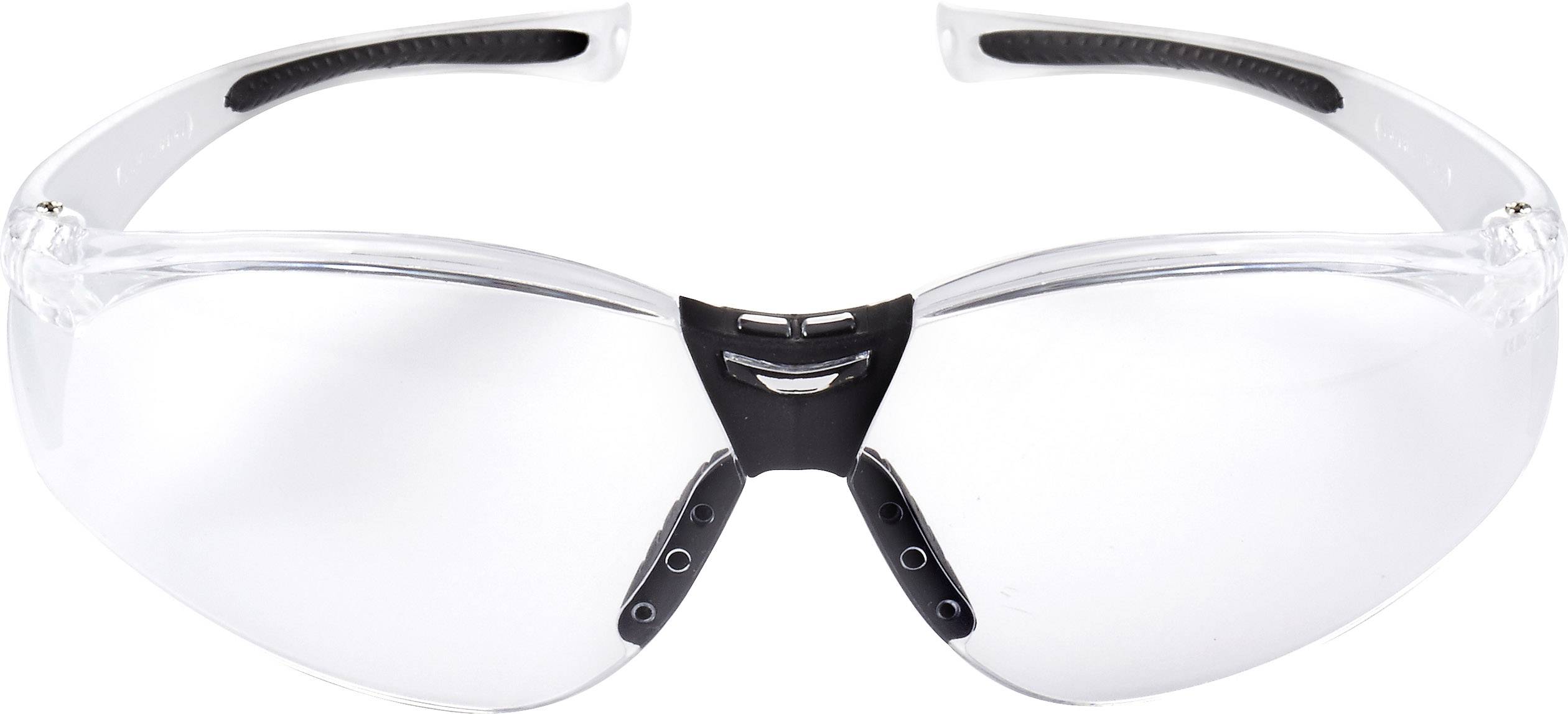 Zaštitne naočale s prozirnim staklima i crnom nosnom trakom, pogodne za poslove koji zahtijevaju zaštitu očiju.