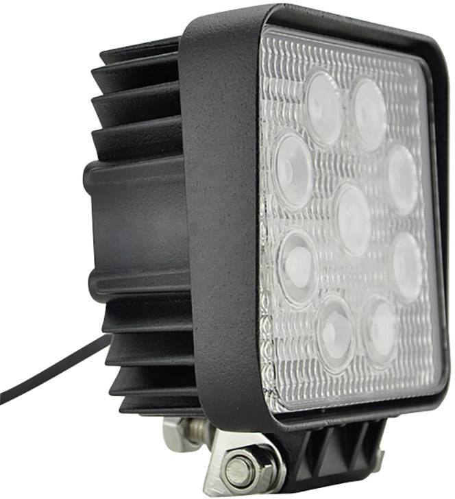 Crni LED radni reflektor kvadratnog dizajna sa devet vidljivih svjetlosnih elemenata, montiran na metalnom nosaču.
