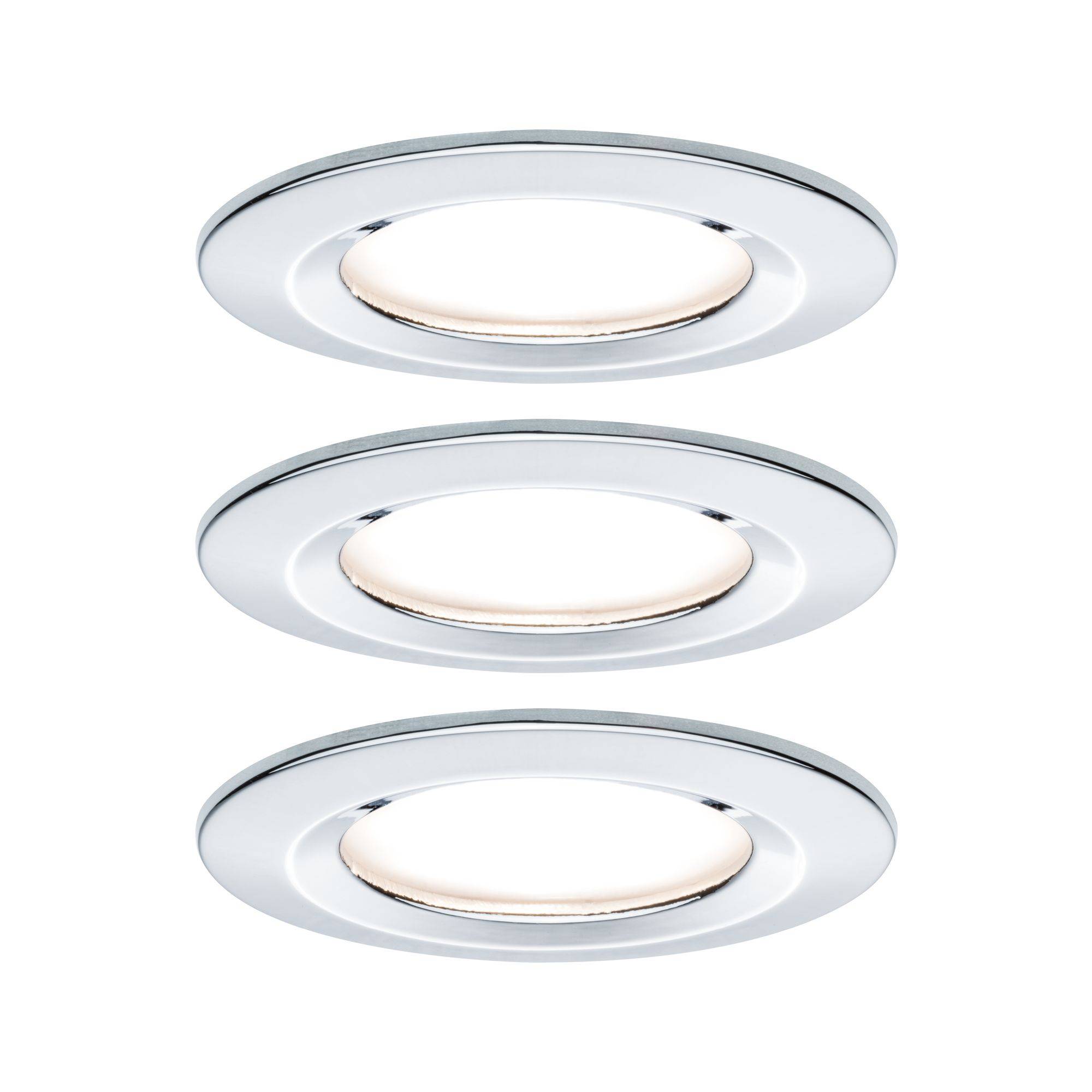 Tri okrugla LED ugradbena reflektora srebrne boje, ravnomjerno raspoređena. Pogodni su za stilsko osvjetljenje u modernim prostorima.