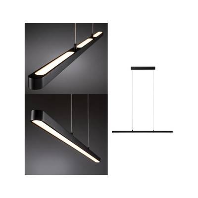 Viseća lampa modernog, vitkog dizajna u crnoj i bijeloj boji. Dva detaljana prikaza pokazuju različite perspektive.