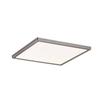 Kvadratna stropna lampa sa srebrnim okvirom, emitira bijelo svjetlo. Modernog, minimalističkog dizajna.