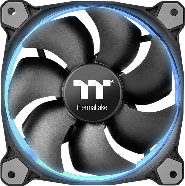 Crni računalni ventilator s osvjetljenim plavim okvirom i logotipom 'Thermaltake' u sredini, pogodan za hlađenje kućišta.