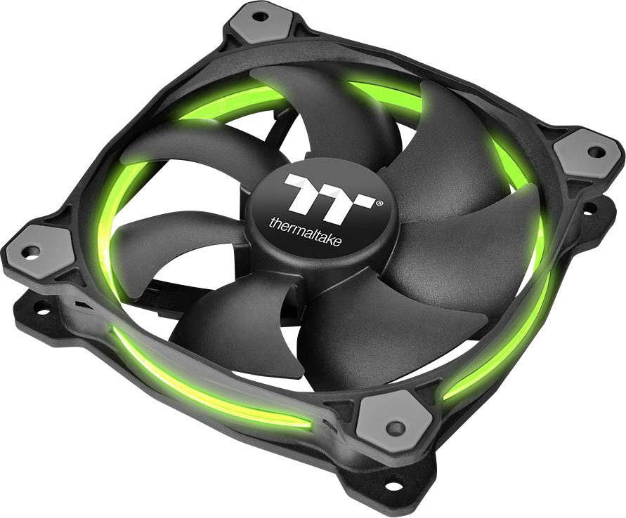 Crno-zeleni ventilator za računalo tvrtke Thermaltake, osvjetljen zelenim LED dijodama.