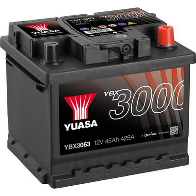Auto baterija marke Yuasa, model YBX3000, 12V 45Ah 425A. Crućno kućište s naljepnicama i logotipom marke.
