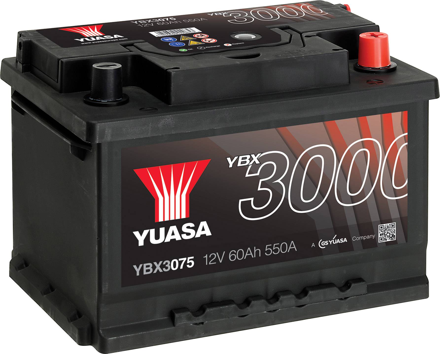 Crna autobaterija s crvenim i crnim polom na vrhu. Natpis: 'YUASA YBX 3000 12V 60Ah 550A'.