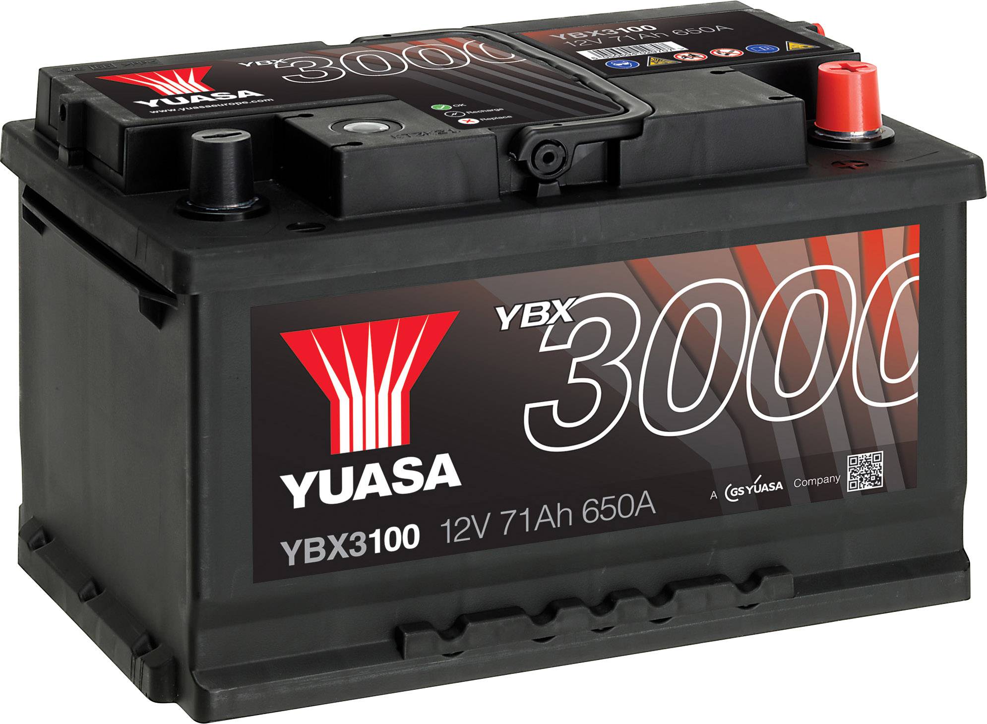 Autobaterija marke Yuasa, model YBX3000, kapaciteta 12V 71Ah, 650A. Pravokutnog oblika s crnim kućištem, crvenim i crnim polovima.