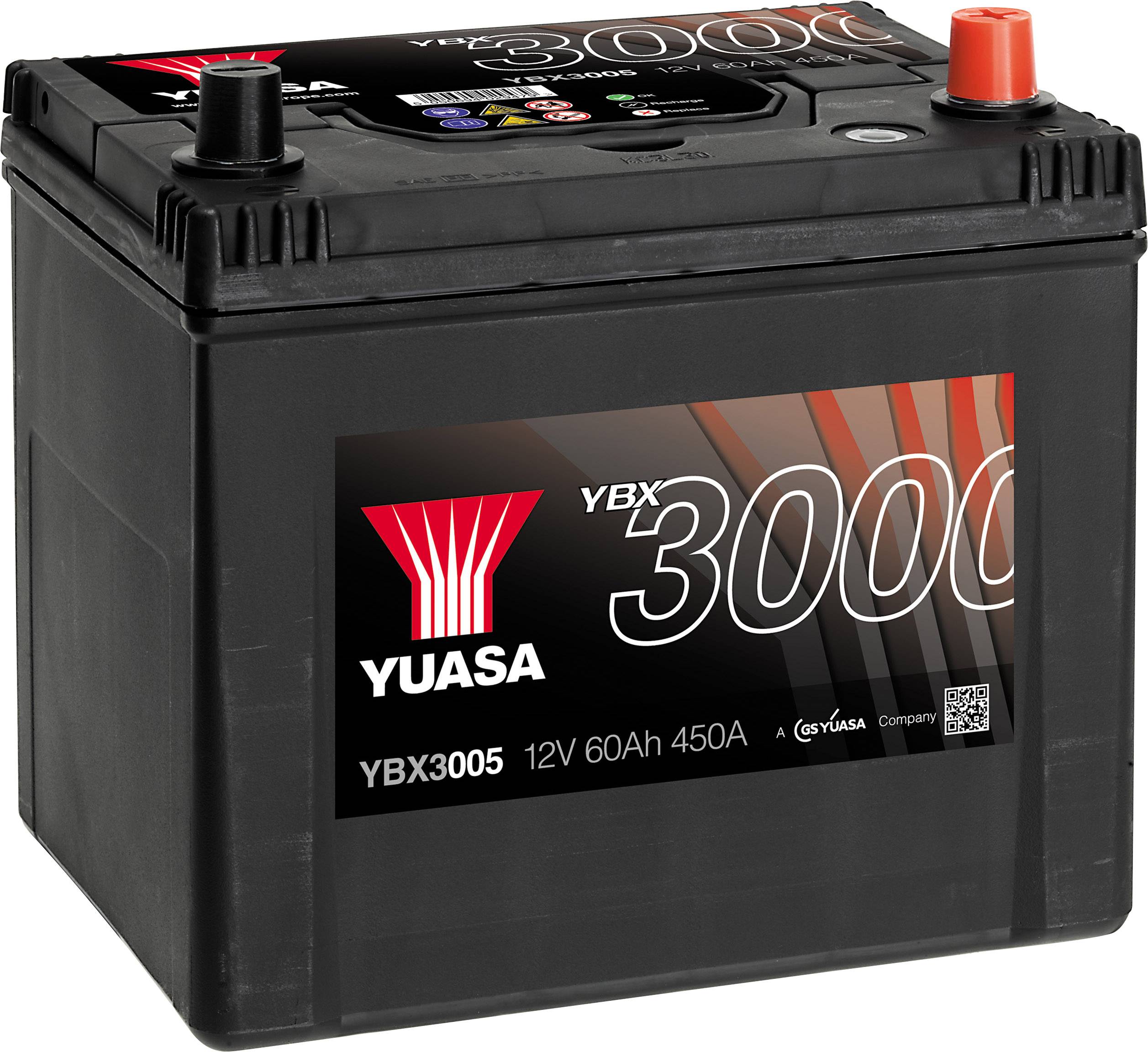 Autobaterija s natpisom 'Yuasa YBX3000'. Kapacitet: 12V, 60Ah, 450A. Služi za napajanje energijom vozila.