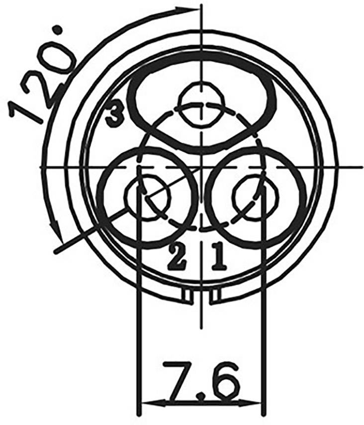 Tehnički nacrt utikača s mjerama. Točke 1, 2 i 3 čine trokut. Kut je 120 stupnjeva, promjer 7,6 mm.