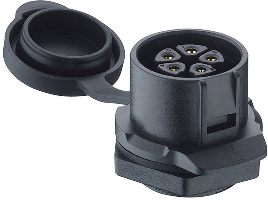 Crna, okrugla utičnica s pet zlatnih kontakata, otvorenim zaštitnim poklopcem; često se koristi za električne spojeve.
