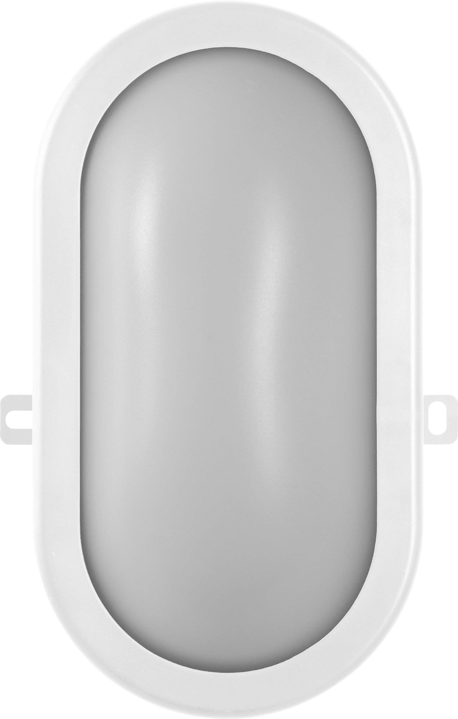 Bijela, ovalna stropna svjetiljka s ravnim, mat difuzorom u sredini. Pogodna za unutarnji ili vanjski prostor.