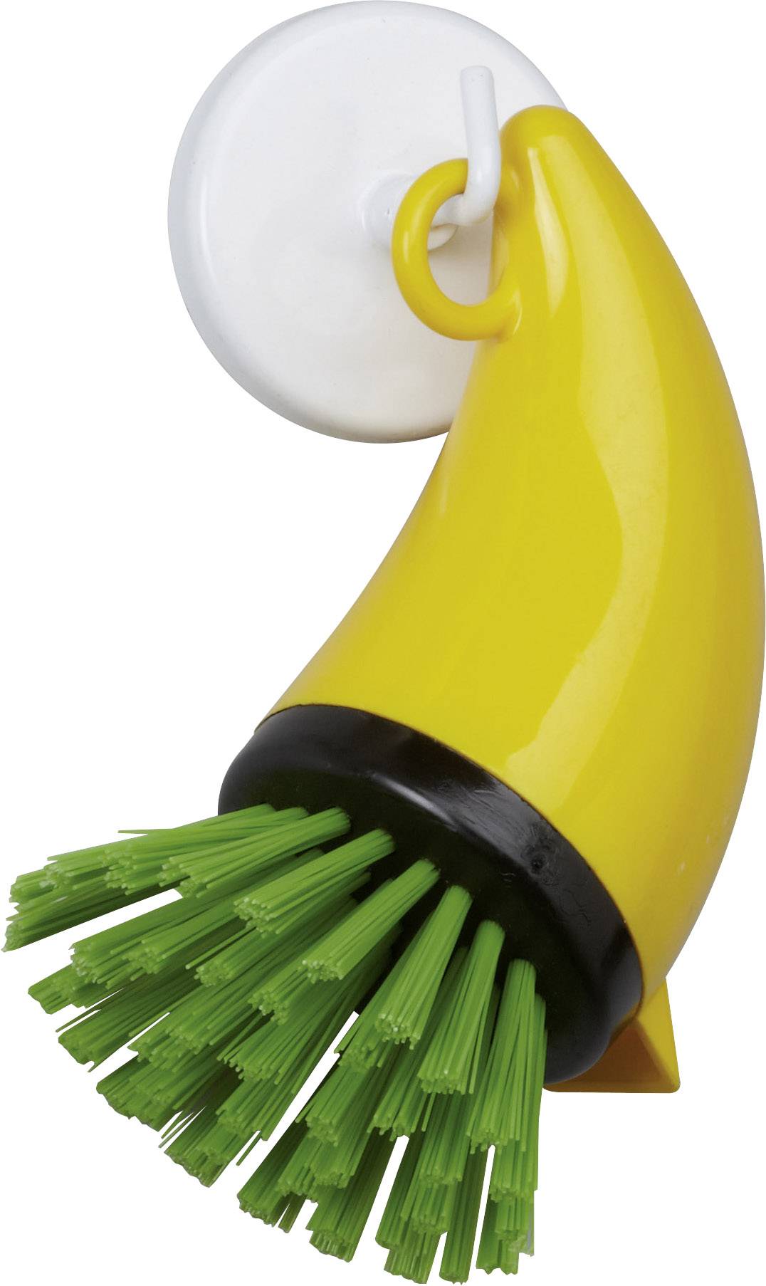 Žuta četka u obliku banane sa zelenim čekinjama i bijelom sisaljkom za vješanje.