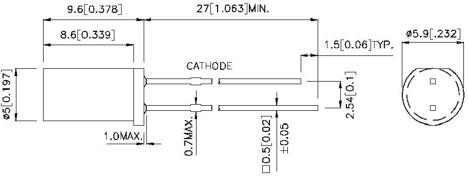 Tehnički nacrt elektroničkog komponenta s dimenzijama: duljina 27 mm, promjer 5 mm, oznaka 'KATODA', promjer žice 0,5 mm.