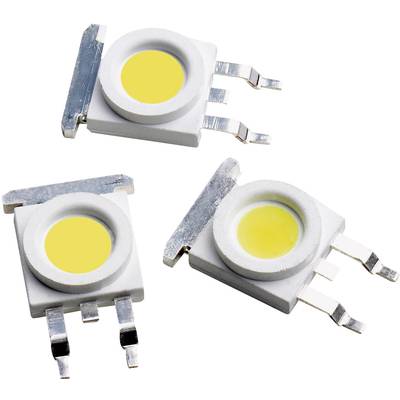 Tri bijele LED čipove s žutim svjetlosnim površinama i metalnim priključcima u različitim orijentacijama na bijeloj pozadini.