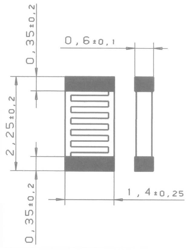 Tehnički nacrt elektroničke komponente s mjerama. Visina: 2,25 mm, širina: 1,4 mm, debljina: 0,6 mm.