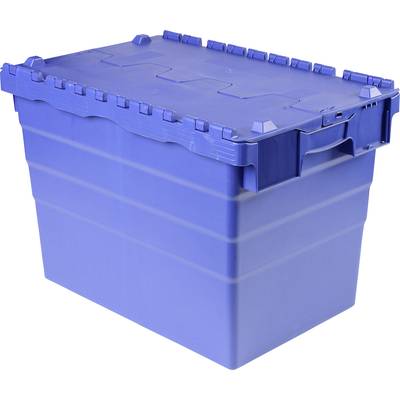 Plavi plastični kontejner s poklopcem, pogodan za slaganje. Idealan za pohranu i transport različitih predmeta.