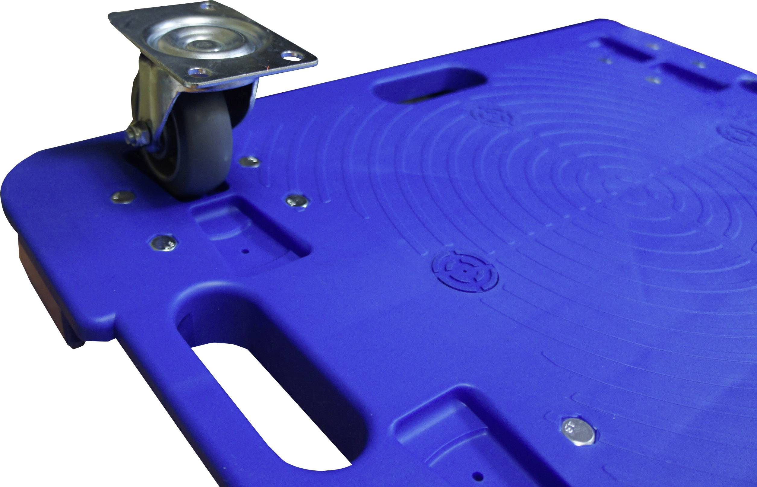 Plavo, čvrsto postolje za namještaj s ručkama za nošenje i okretnim kotačem, pogodno za transport teških predmeta.