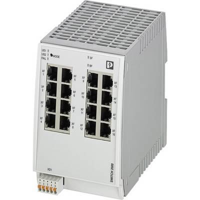 Mrežni switch s 16 Ethernet priključaka, sivo kućište; služi za povezivanje više mrežnih uređaja. Priključci vidljivi s prednje strane.