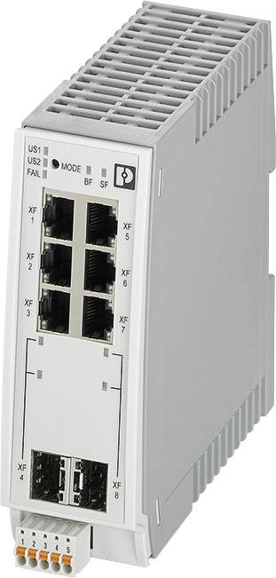 Industrijski Ethernet switch s osam RJ45 priključaka i dva optička priključka u sivom kućištu za ugradnju na DIN-šinu.