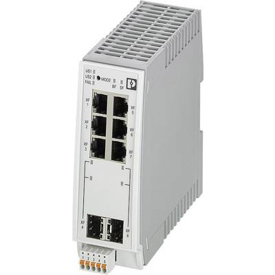 Industrijski Ethernet switch s osam RJ45 priključaka i dva optička priključka u sivom kućištu za ugradnju na DIN-šinu.