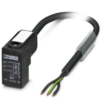 Crni elektronički element s kabelom. Natpis 'PHOENIX CONTACT'. Pogodan za 24V AC/DC, 4A. Kabel ima tri obojene žice.