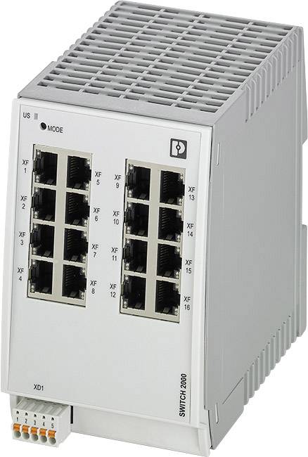 Industrijski switch s 16 Ethernet porta, USB priključkom i statusnim indikatorom. Kućište sive boje, pogodno za montažu na DIN šinu.