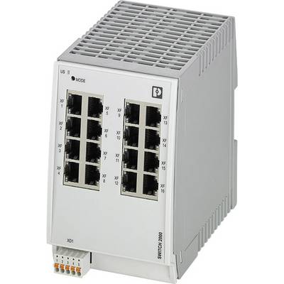 Industrijski switch s 16 Ethernet porta, USB priključkom i statusnim indikatorom. Kućište sive boje, pogodno za montažu na DIN šinu.