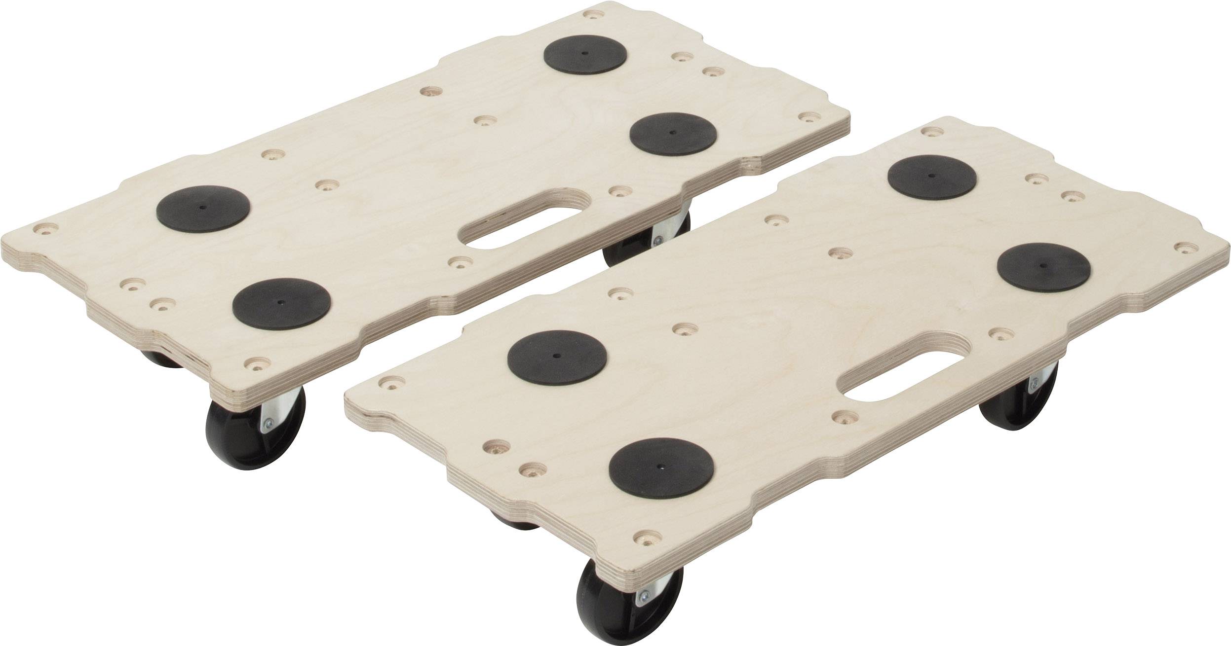 Dvije drvene daske na kotačima s ručkama i crnim gumenim amortizерima, pogodne za jednostavan transport teških predmeta.