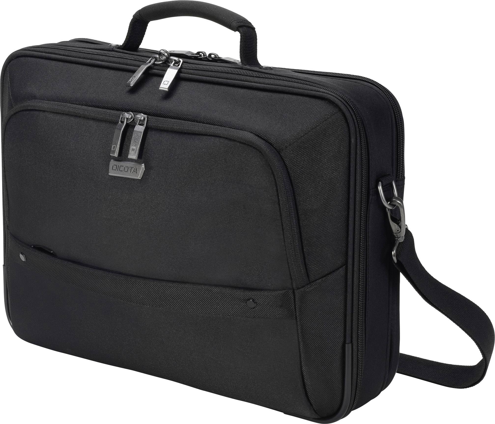 Crna torba za laptop s patentnim zatvaračima i remenom za nošenje preko ramena, pogodna za transport laptopa i dodatne opreme.