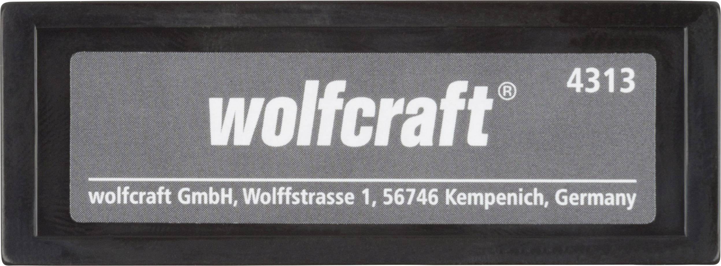 Crni plastični okvir s bijelim tekstom: 'wolfcraft GmbH, Wolffstrasse 1, 56746 Kempenich, Njemačka', broj artikla 4313.