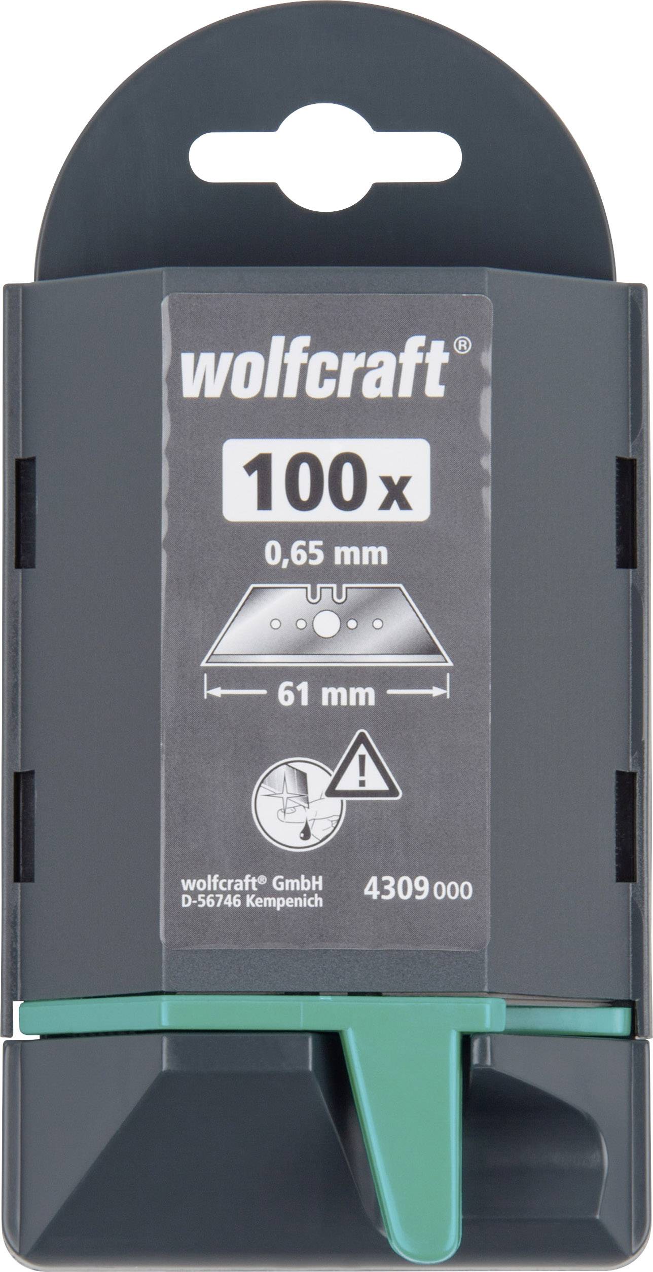 Pakiranje za 'wolfcraft' oštrice, sadrži 100 komada po 0,65 mm, širine 61 mm. Informacije proizvođača i produktni kod 4309000 vidljivi.