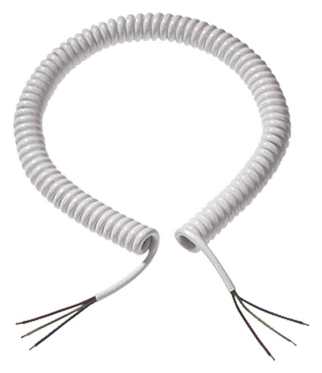 Bijeli, spiralni kabel s ogoljena dva kraja, pogodan za elektronske spojeve ili produžetke.